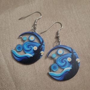 Van Gogh Starry Night Theme Moon Shaped Earrings